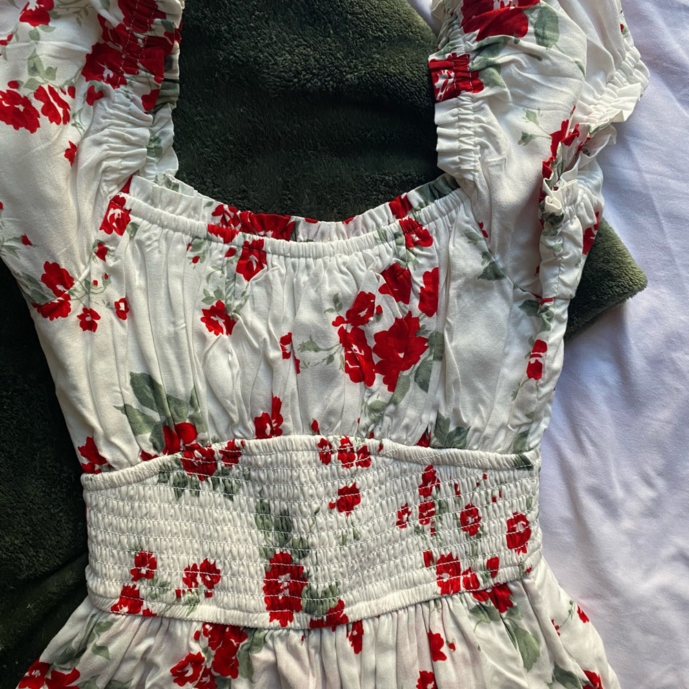 Floral White and Red Dress